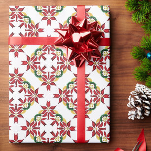 Papier Cadeau Poinsettia Quilt Motif traditionnel rouge et vert