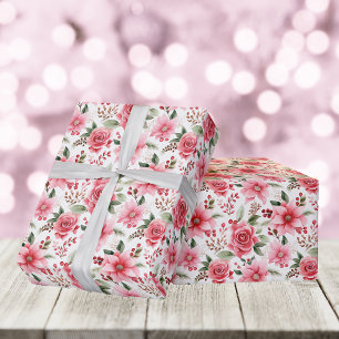 Papier Cadeau Poinsettia rose de Noël + Motif rose