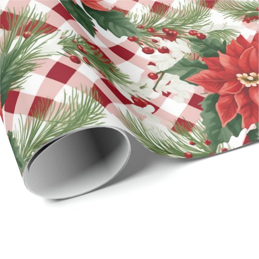 Papier Cadeau Poinsettia Rouge blanc chèque Motif cadeau de Noël (Coin rond)