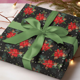 Papier Cadeau Poinsettia rouge Cône de pin Hiver Noël Floral
