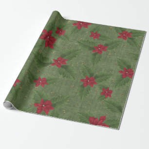 Papier Cadeau poinsettia rouge de noël avec feuilles verts