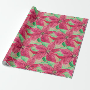 Papier Cadeau Poinsettia Rouge Floral Noël Vintage