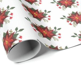 Papier Cadeau poinsettias à effet poinçonné et holly personnalis