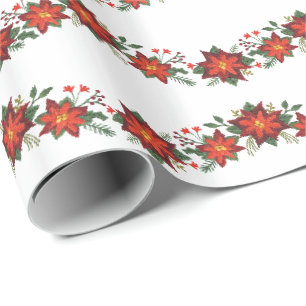 Papier Cadeau poinsettias à effet pointu et guirlandes saintes