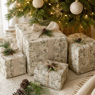 Papier Cadeau Poinsettias Blancs Fleurs d'Hiver Neutres Noël