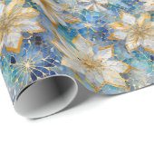 Papier Cadeau Poinsettias de Noël Blanc Bleu (Coin rond)