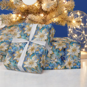 Papier Cadeau Poinsettias de Noël Bleu Blanc Or