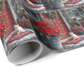 Papier Cadeau Poinsettias de Noël et chat blanc sur natte (Coin rond)