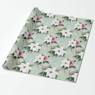 Papier Cadeau Poinsettias de Noël Rose Blanc