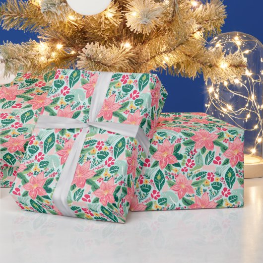 Papier Cadeau Poinsettias de Noël rose et vert (Vacances)