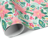 Papier Cadeau Poinsettias de Noël rose et vert (Coin rond)