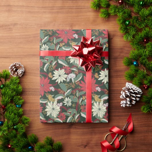 Papier Cadeau Poinsettias Oiseaux et rubans vert foncé (Cadeau de vacances)