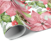 Papier Cadeau Poinsettias roses et pins (Coin rond)