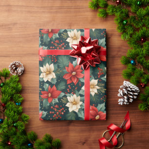 Papier Cadeau Poinsettias rouge et crème avec baies