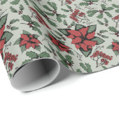 Papier Cadeau Poinsettias rouges saisonnières et Berries vert (Coin rond)