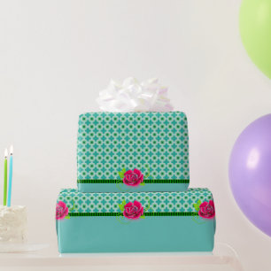 Papier Cadeau Point Aqua & Green Polka   Rose rose avec bande so