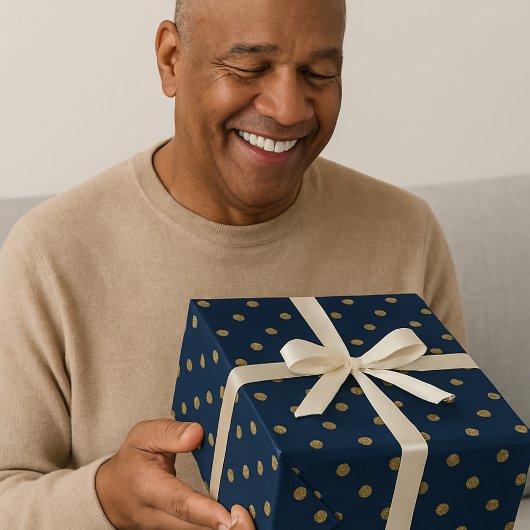 Papier Cadeau Pointe Polka Marine & Or Élégant