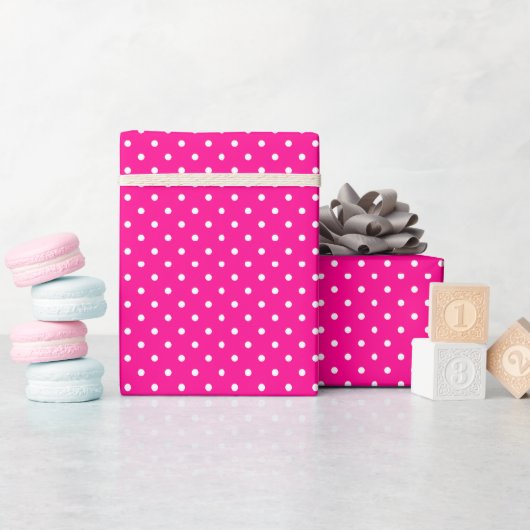 Papier Cadeau Points blancs rose néon chaud et blanc (Baby Shower)