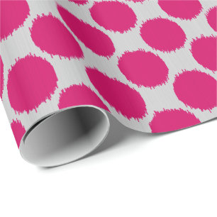 Papier Cadeau Points Ikat géants, rose fuchsia sur gris clair /