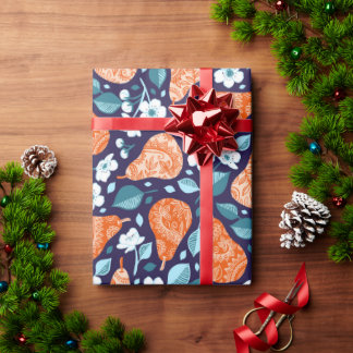 Papier Cadeau Poires et fleurs en orange et bleu