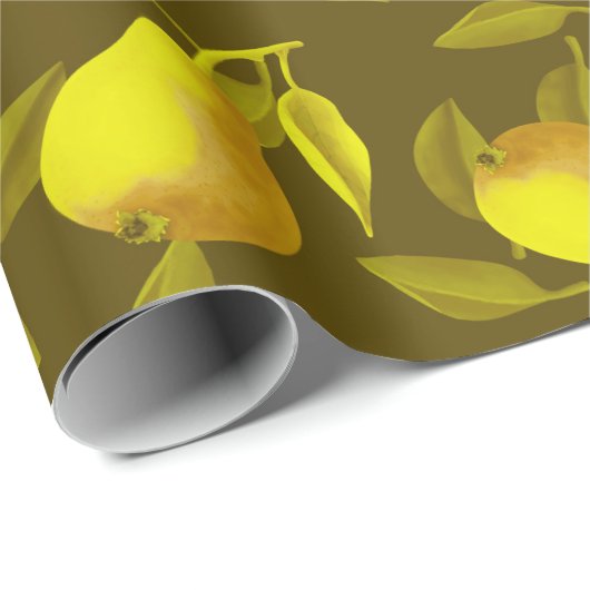 Papier Cadeau Poires jaunes sur arrière - plan vert foncé (Coin rond)