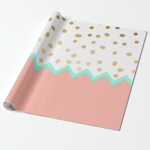 Papier Cadeau pois mignon menthe et rose d'or de faux élégant