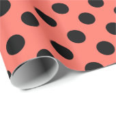 Papier Cadeau Pois noirs sur corail vivant (Coin rond)