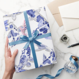 Papier Cadeau Poisson bleu blanc Koi