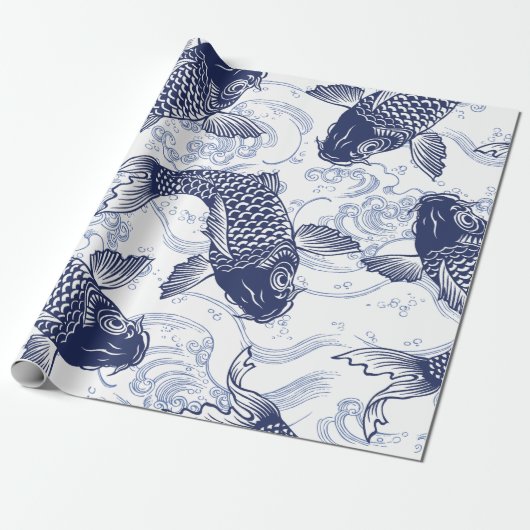 Papier Cadeau POISSON DE KOI BLEU ET BLANC Papier à envelopper (Déroulé)