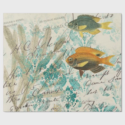 Papier Cadeau Poisson et algues avec écriture (Plat)
