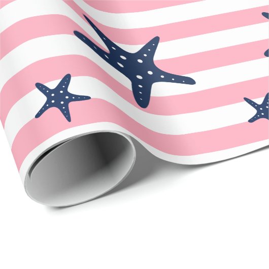 Papier Cadeau Poisson étoilée bleue sur bandes roses (Coin rond)
