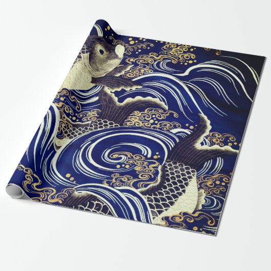 Papier Cadeau POISSON JAPONAIS DANS LES VAGUES À ÉCRAN Wrapper P (Déroulé)