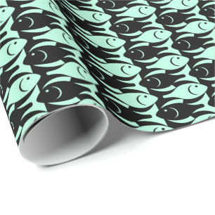 Papier Cadeau Poisson moderne du milieu du siècle, aqua et noir