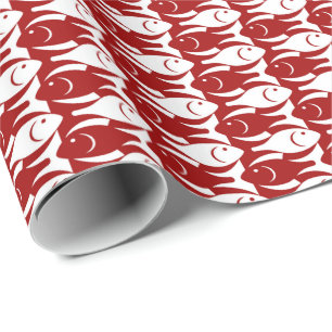 Papier Cadeau Poisson moderne du milieu du siècle, rouge foncé e