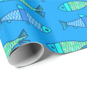 Papier Cadeau Poisson moderne rétro, bleu turquoise et cerulean