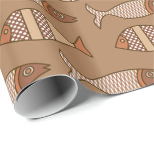 Papier Cadeau Poisson Moderne Rétro, Brun Clair, Beige et Brun C