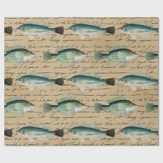 Papier Cadeau Poisson vert et écriture cursive sur Tan (Plat)