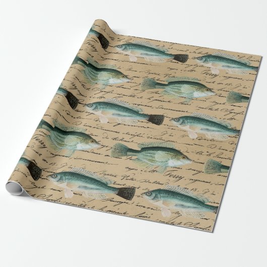 Papier Cadeau Poisson vert et écriture cursive sur Tan (Déroulé)