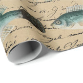 Papier Cadeau Poisson vert et écriture cursive sur Tan (Coin rond)