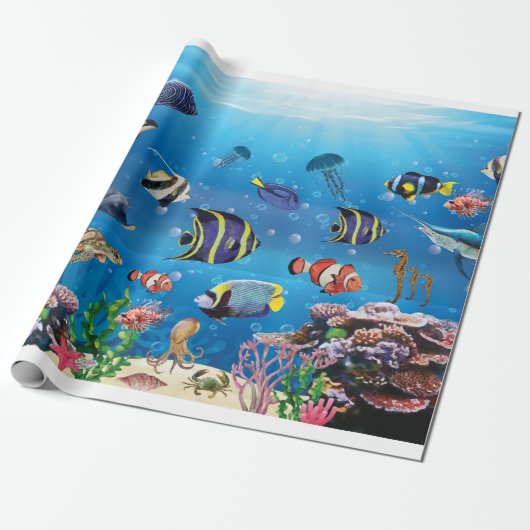 Papier Cadeau Poissons tropicaux nageant Fond (Déroulé)