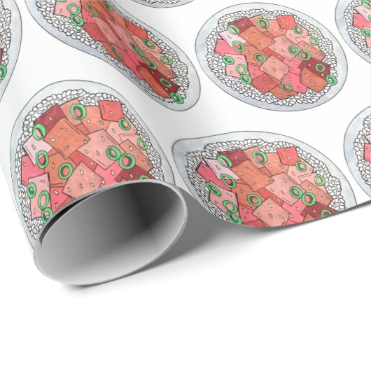 Papier Cadeau Poké Hawaïen Nourriture Poisson cru Poisson Ahi Th (Coin rond)