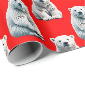 Papier Cadeau Polar Bear Pattern Design On Red  (Coin rond)