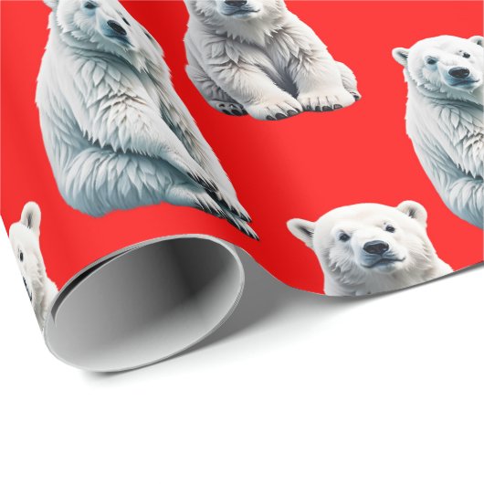 Papier Cadeau Polar Bear Pattern Design On Red  (Coin rond)