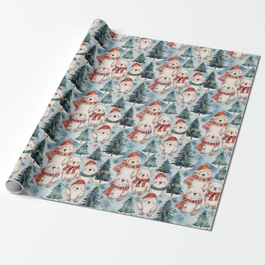 Papier Cadeau Polar Bears with Hats & Scarves Wrapping Paper (Déroulé)