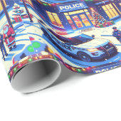 Papier Cadeau Police Car Policier Père Noël et sapin de Noël (Coin rond)