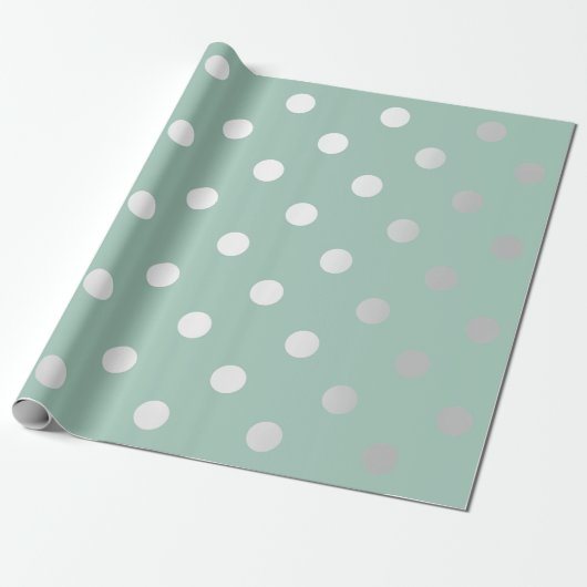 Papier Cadeau Polka Petits Points Menthe Vert Pastel Gris Argent (Déroulé)