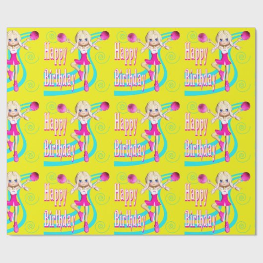 Papier Cadeau Pom-pom girl Joyeux Anniversaire Sur Jaune Lumineu (Plat)