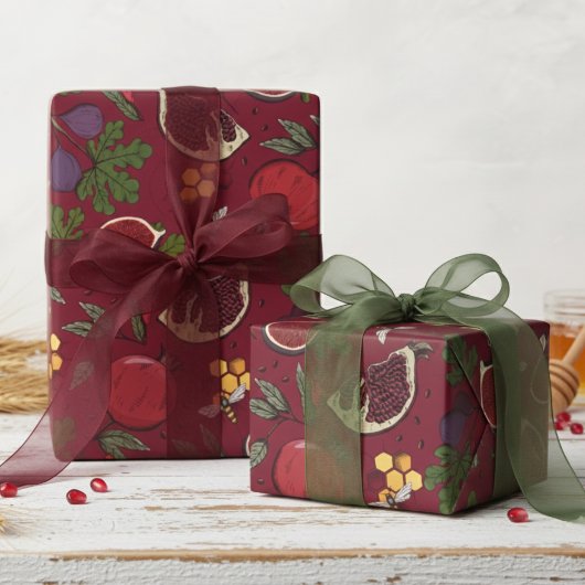 Papier Cadeau Pomegranates, Figs and Honey Bees Burgundy