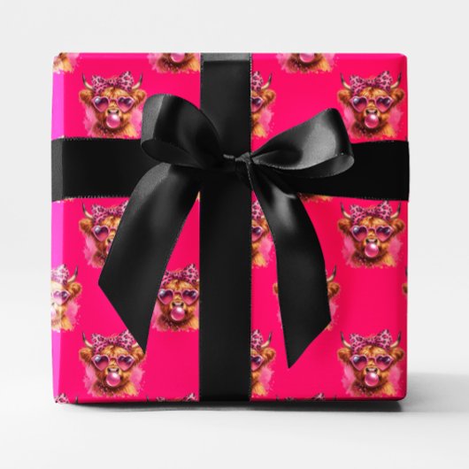 Papier Cadeau Pomme à bulle rose gomme Vache des hautes terres