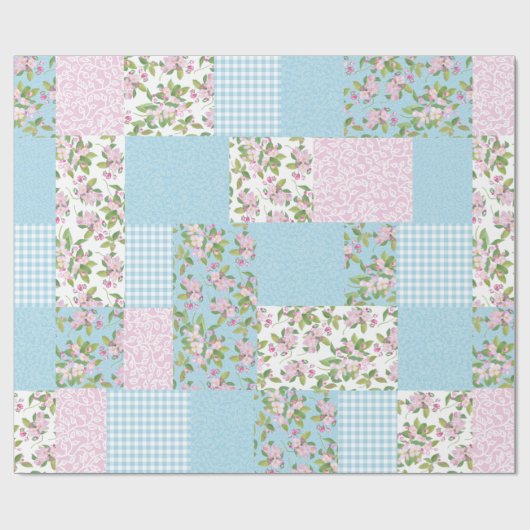 Papier Cadeau Pomme Fleur Rose, Bleu, Vert Faux Patchwork (Plat)